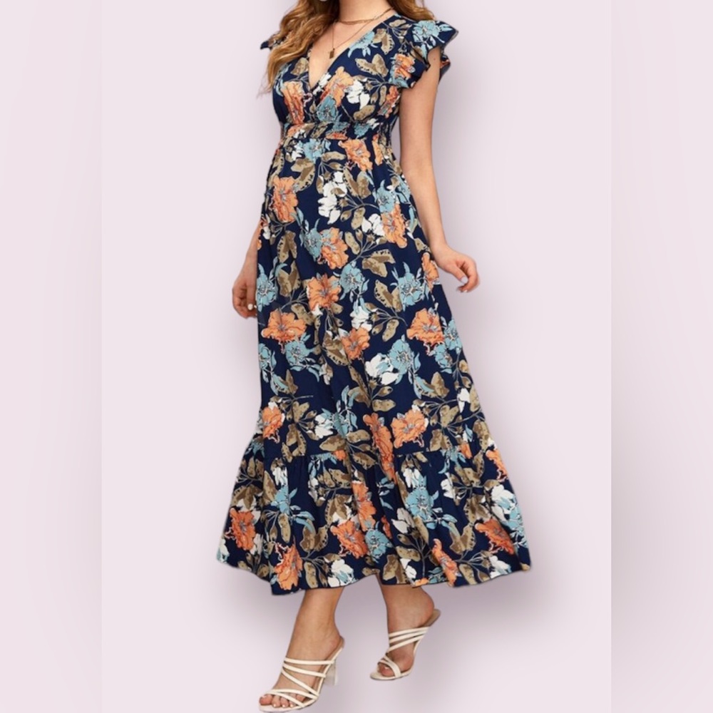 SHEIN, Sz Med, Blue, Floral Print Ruffle Hem Dress